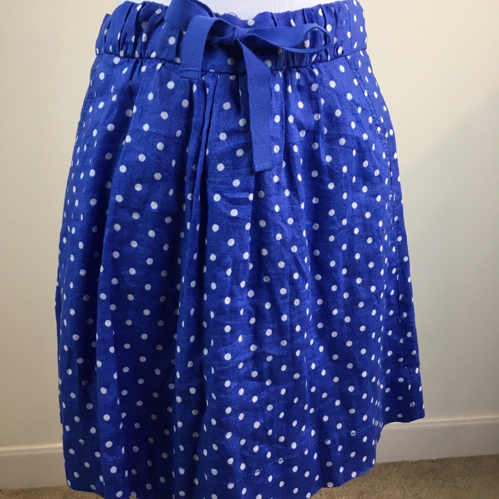 J. CREW Blue Polka Dot 100% Linen Skirt Size 0